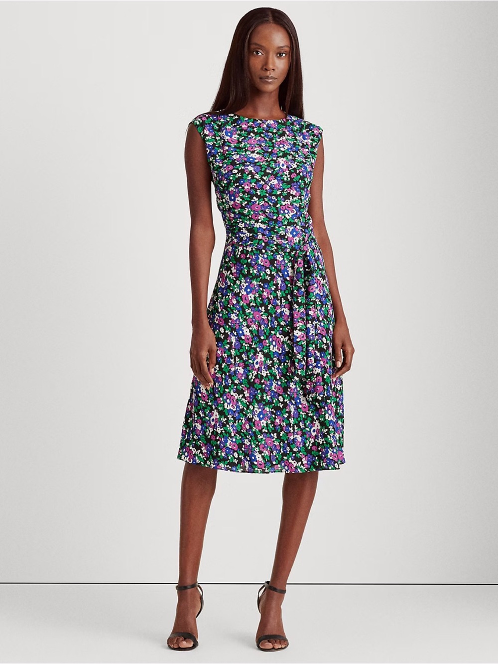 Lauren Ralph Lauren Navy Floral Midi Dress with Pink & Green Accents
